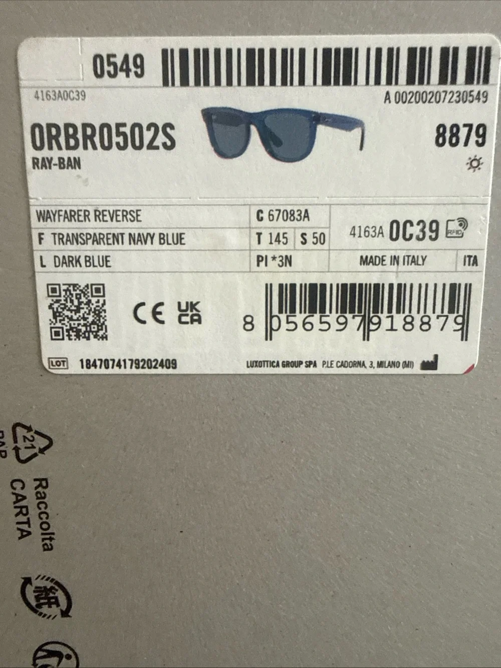 Ray-Ban Wayfarer Reverse 6708/3A Navy Blue Sunglasses Unisex Orig $215